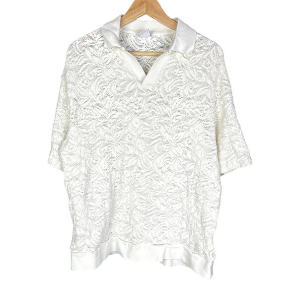 Men's Zara Lace Knit Cream Johnny Collar Textured Polo Shirt - Size Large - Picture 1 of 5
